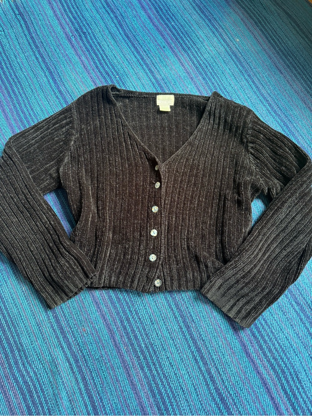 Moda Black Ribbed Velour V-Neck Button-Front Cardigan